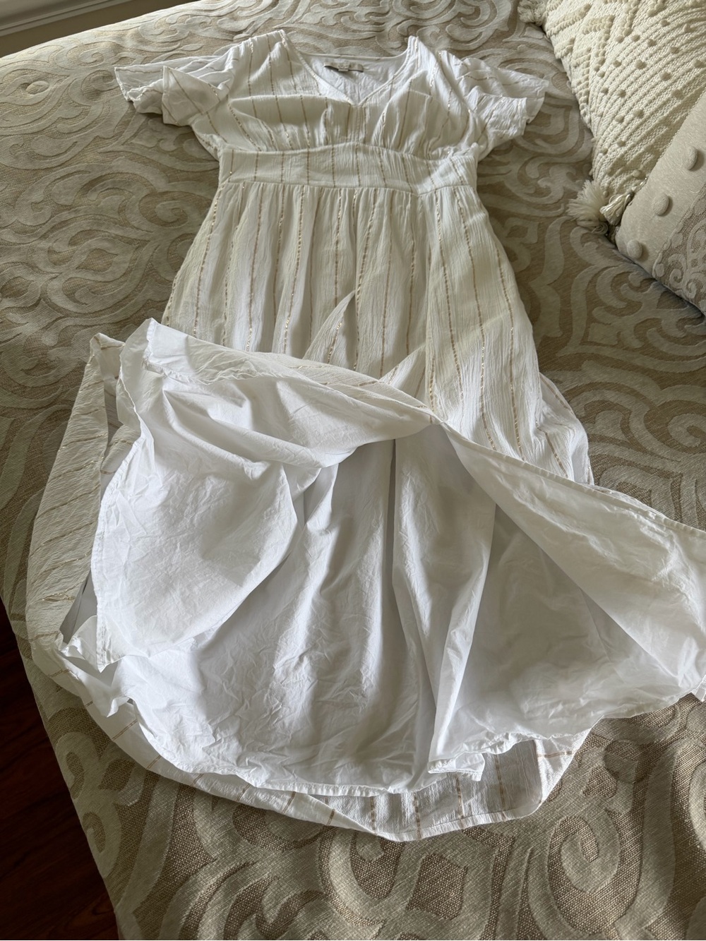 LOFT White Gold Metallic Stripe Flutter Sleeve Maxi Dress S - Picture 10 of 12